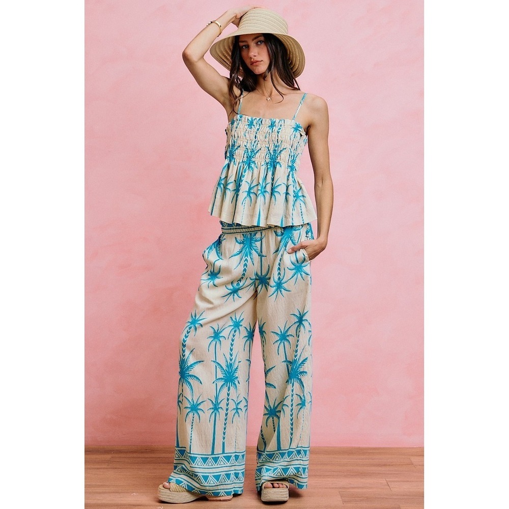 SO ME Palm Tree Smocked Bodice Adjustable Cami Top - Blue - Medium - Picture 5 of 16